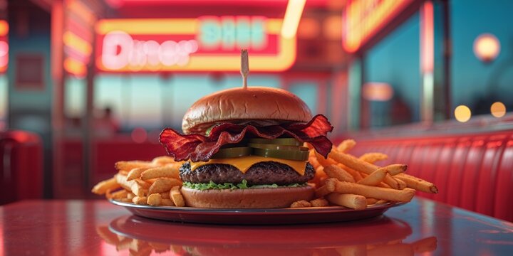 Juicy bacon cheeseburger fries diner neon retro