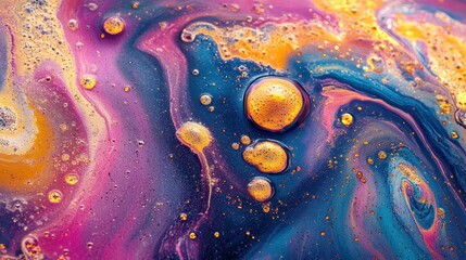 Vivid abstract swirls of colorful liquid art with bubbles