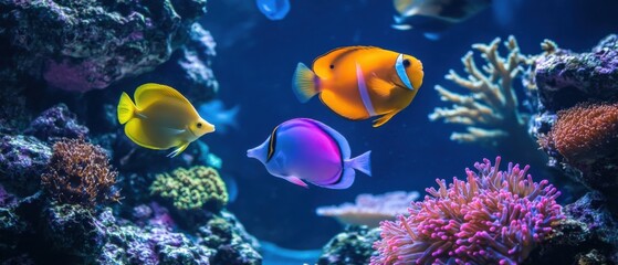 Obraz premium Vibrant tropical fish swimming in a coral reef aquarium with colorful anemones and rock formations, showcasing underwater marine life and biodiversity