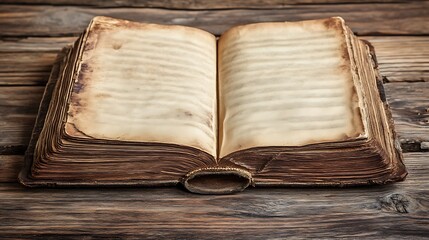 Open old book atop weathered wooden surface