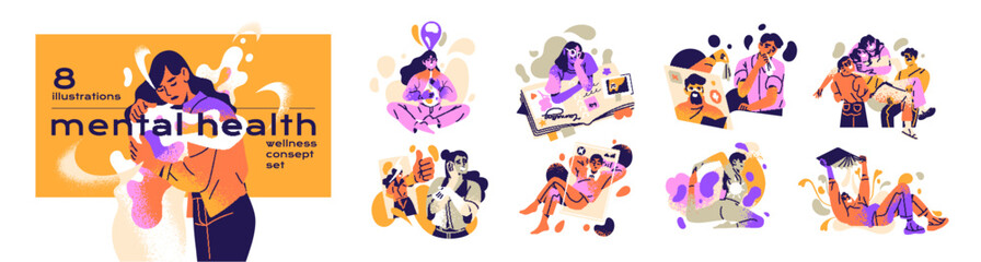 Concept set of mental health. People care about their inner, mind wellness with help of therapy, psychotherapy, yoga, self love and acceptance. Flat isolated vector illustrations on white background