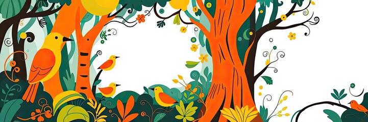 Colorful Birds in Lush Forest Spring Nature Illustration Floral Frame