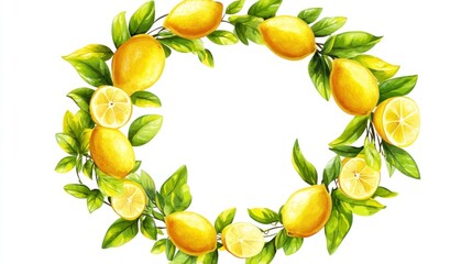 Lemon wreath with green leaves on a white background. Use for decorations