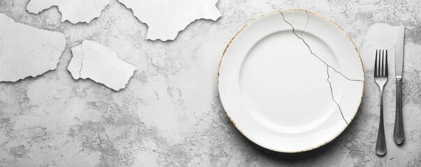 A cracked white plate is placed on a textured surface, accompanied by a fork and knife, with torn paper pieces scattered around.