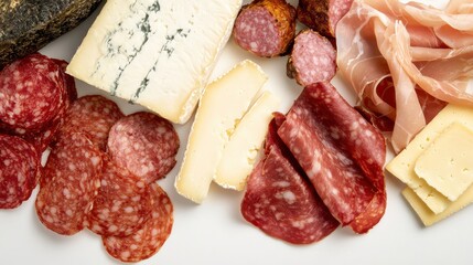 A charcuterie board with prosciutto, smoked ham, and artisan cheeses,