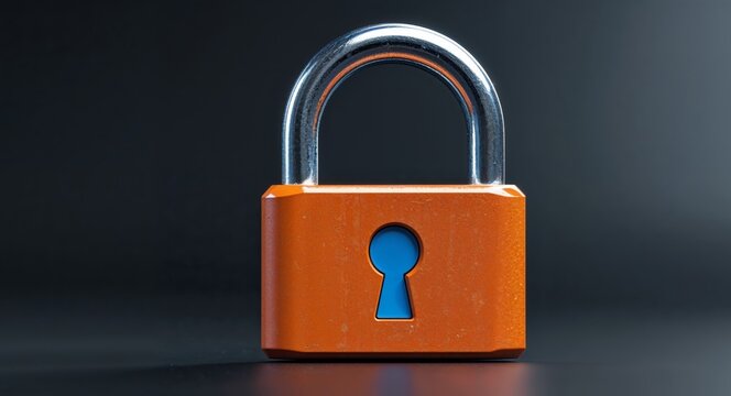 Closed orange padlock with blue keyhole on black background representing data protection and security - Powered by Adobe