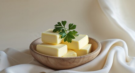 Pale Yellow Butter Pats in Wooden Bowl with Parsley Garnish.