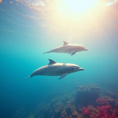 Obraz premium Playful Dolphins Swimming Over Coral Reef in Clear Tropical Ocean