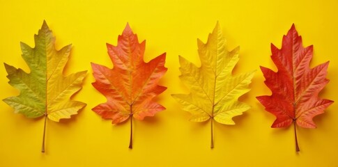 Obraz premium Four vibrant oak leaves, sunny yellow backdrop, backdrop, detail