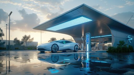 Fototapeta premium Futuristic electric car at modern charging station in evening light