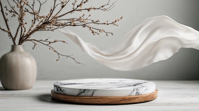 3D luxury display mockup, a round white marble podium with soft accents, elegant silk fabric floating behind, neutral background, soft  light, photorealistic, luxury product, high-end beauty branding