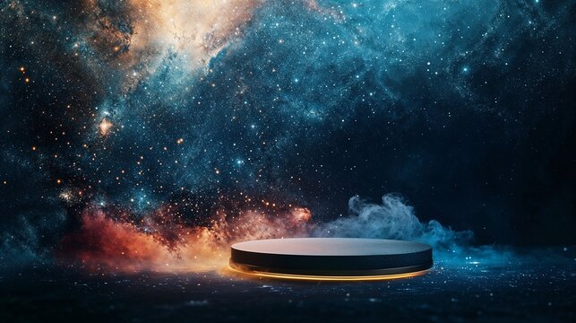 3D surreal product mockup, a podium surrounded by swirling cosmic dust illuminated by soft golden glow, abstract celestial aesthetic, high realism, elegant and futuristic branding