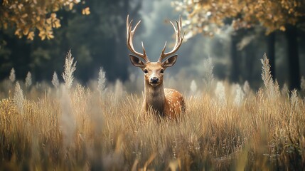 Golden Dawn Majesty: Deer in Tranquil Meadow with Sunlit Serenity"