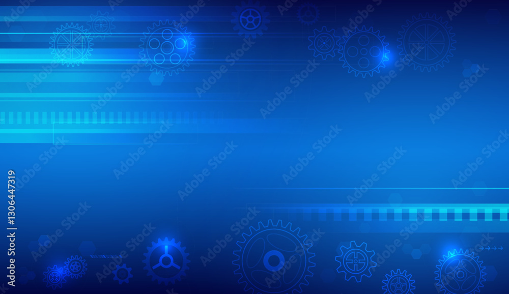 Poster The mechanism consisting of gears on a blue background for the presentation. Cogwheel for science experiment presentation. Futuristic high tech concept. Business and industry internet banner