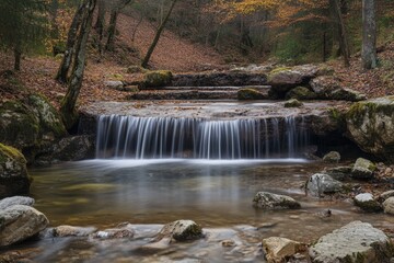 Obraz premium Forest Stream Cascade with Smooth Flowing Water over Rocks, Autumn Leaves, Mossy Stones, Tranquil Nature Scene