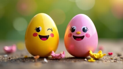 Two colorful Easter eggs with cheerful cartoon faces, one yellow and one pink, placed on natural surface with scattered flower petals. Bright and playful springtime scene for festive and holiday theme
