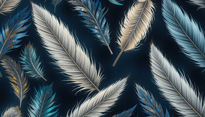 Seamless Elegant Feather Pattern, Hand-Drawn Luxurious Plumage Illustration, Soft Floating Feathers on Dark Background, Ethereal Decorative Design, Artistic Nature Texture