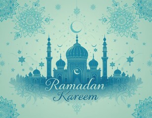 Ramadan Kareem greeting card with mosque and crescent moon