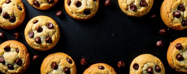 Golden brown chocolate chip cookies arranged in a frame against a stark black background , snack, brown