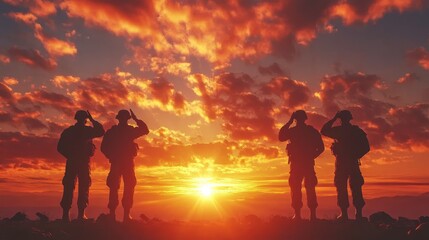 Fototapeta premium Soldiers saluting at sunset silhouette against vibrant sky