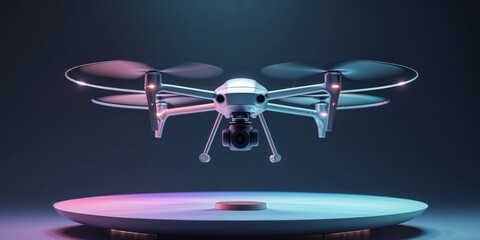 A Modern Drone Hovering Above a Illuminated Presentation Platform