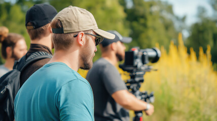 Fototapeta premium Behind the Scenes Filmmaking Outdoors Crew Collaborates in Natural Setting
