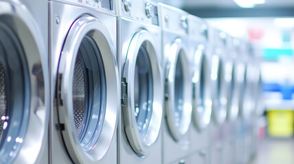 Row of Modern Washing Machines in a Commercial Laundry Facility