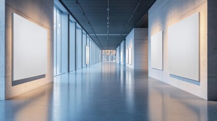Fototapeta premium Modern art gallery interior with empty canvases in bright corridor