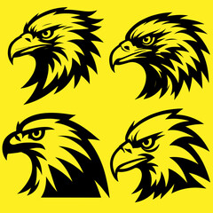 Four stylized eagle head illustrations in black silhouette against a bright yellow background, showcasing varying expressions and details.