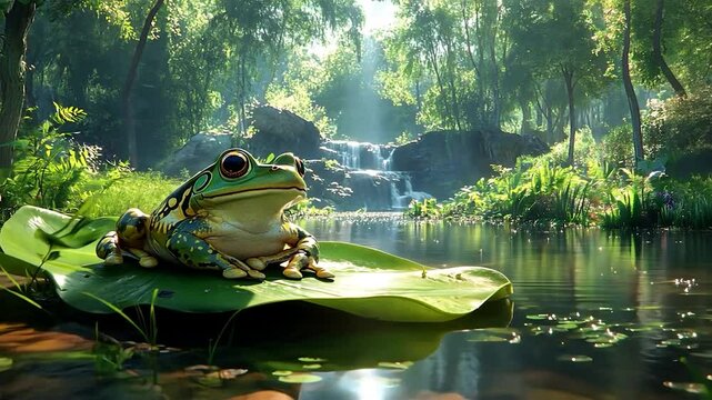 Serene Frog on Lily Pad by Waterfall