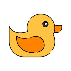 Rubber Duck Flat design style, yellow rubber duck with an orange beak, symbolizing bath toys, great for baby product packaging, childhood themes, and fun baby illustrations.