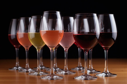 row of wine glasses filled with different types of wine