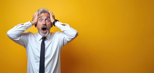 Surprised man with hands on head, looking up. Senior businessman amazed by sudden news, unexpected event lucky win. Portrait of adult male executive manager with open mouth on yellow background, copy