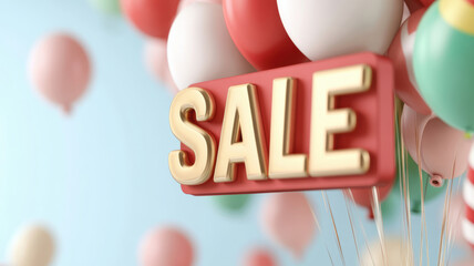 Colorful Balloons and Bold Sale Sign Against a Light Blue Background