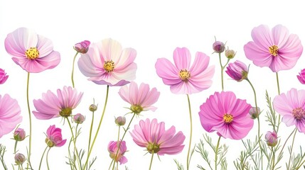 Fototapeta premium Watercolor Illustration set of Pink cosmos flowers on a white background,spring summer nature,Vibrant pink cosmos blooming,Children's card,banner,raindrops drawn by hand.