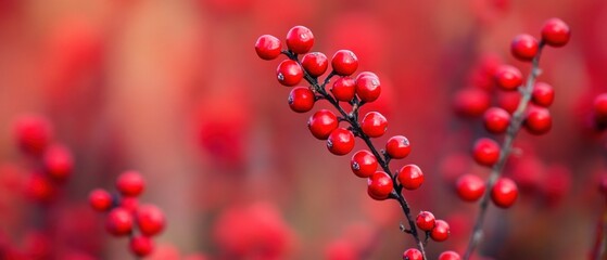 Vibrant red winterberries on a branch with a blurred red background, showcasing the beauty of nature in autumn or winter season Concept of Christmas, holiday, and festive