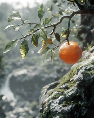 A bright orange citrus fruit hanging from a leafy tree branch
