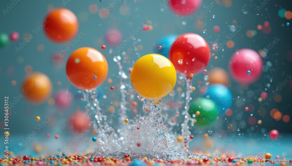 Aufkleber close-up shot of colorful bouncing balls with water splashes. abstract concept of energy, playfulnes