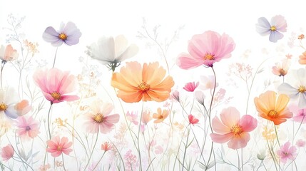 Watercolor Illustration set of Pink cosmos flowers on a white background,spring summer nature,Vibrant pink cosmos blooming,Children's card,banner,raindrops drawn by hand.