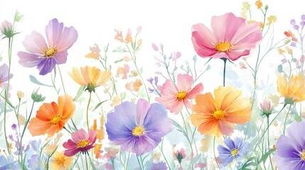 Watercolor Illustration set of Pink cosmos flowers on a white background,spring summer nature,Vibrant pink cosmos blooming,Children's card,banner,raindrops drawn by hand.