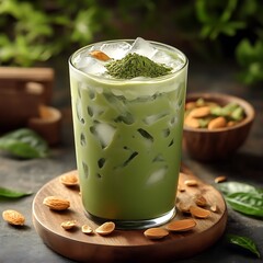 Matcha drink with ice on wood in leafy setting