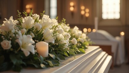 Close-up of modern coffin decorated with fresh white flowers, candles at funeral ceremony in church. Farewell to deceased. Organization of funerals, funeral service, burial, bye. Grieving moment.