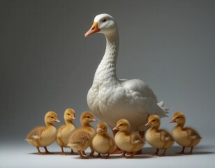 Obraz premium White goose with yellow ducklings