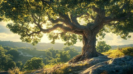 Obraz premium A majestic and massive tree stands on a grassy hillside under the sun