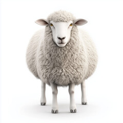 A fluffy white sheep standing calmly on a white background