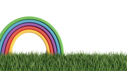 A colorful rainbow arching over lush green grass cheerful scene