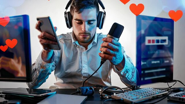 Digital communicator: content creator engaged with audiences using phone, laptop, microphone, sharing ideas, building connections, while enjoying excitement of growing online engagement and influence.