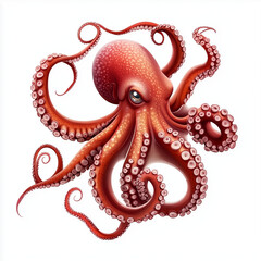 Obraz premium A red octopus with curled tentacles swimming against a white background