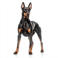 A sleek black and tan doberman standing alert against white background