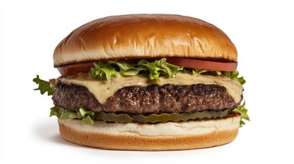 A gourmet burger with a thick beef patty, lettuce, tomato, and melted cheese on a toasted brioche bun,